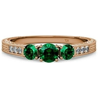 Smaragd Milgrain radi tri kameni prsten s dijamantkom na bočnu traku 0. CT TW u 14K ružičastog zlata.Size