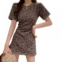 Ženska leopard O vrata labava haljina s kratkim rukavima