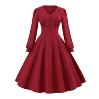 Dugi rukav haljina vruća prodaja Ženska puna boja dugih rukava V-izrez retro visokog struka haljina