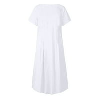 Žene plus veličine Ženska modna čvrstog kratkih rukava džep za okrugli vrat Retro duga haljina bijela