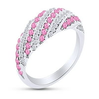 Okrugli rez simulirani ružičasti safirni i bijeli prirodni dijamantski vjenčani prsten u 14k bijelo