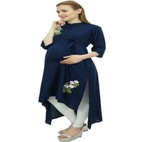 Bimba mame aari vezena pamučna mornarsko plava ženska haljina za majčinstvo sa pojasom - 30