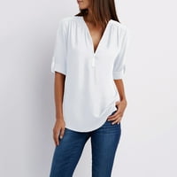 Ženski vrhovi dame patentni zatvarač dugih rukava labav šifon V izrez majica Solid Color Tunic Top Bluze