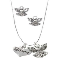 Delight nakit Silvertone Veliki vjerujte sa vrpcom SRCE srebrni ton Guardian Angel Charm ogrlica i naušnice