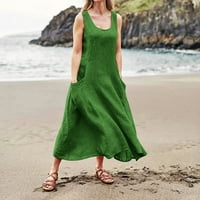 Cuoff Ljetne haljine za žene modne casual pune boje bez rukava pamučna posteljina haljina zelena 5xl