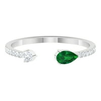 CT Pear Cut Emerald i Diamond Open Manžetni prsten za žene, 14k bijelo zlato, SAD 7,00