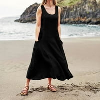 Haljine za žene modne casual pune boje bez rukava pamučna posteljina haljina crna 5xl