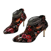 Welliuma ženske visoke pete cvjetni čizme za gležnjeve šiljasti prsti Stiletto boot uredske haljine cipele cipele za zabavu etnički stil zip crvena 7,5