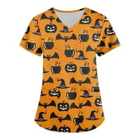 Sksloeg sksloeg uniforme vrhovi za žene pilinge Halloween Cat bundeve Print Top kratkih rukava V-izrez