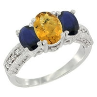 14k bijeli zlatni dijamant prirodni viski kljuski kvarcni prsten ovalni 3-kamen sa HQ plavom safirom,