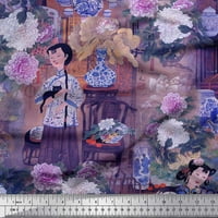 Soimoi Satin Silk tkanina Flower Vase, Cat & Girl Ljudska figura ispisana zanatska tkanina sa dvorištem