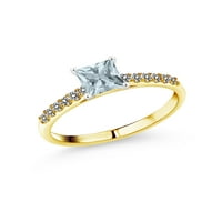 Gem Stone King 0. CT princeza Aquamarine Diamond 10k žuti zlatni prsten sa bijelim zlatnim zupčanjima