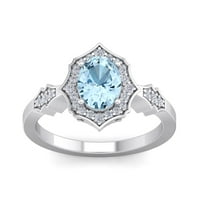 Superjeweler Carat ovalni oblik Aquamarine i Halo Diamond Ring u Sterling Silver za žene