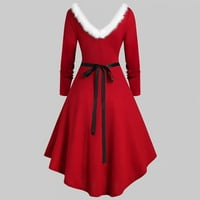 Božićne haljine za žene krzneni V-izrez 1950-ih Vintage haljina Xmas Ispis večernjih zabava Dugih rukava
