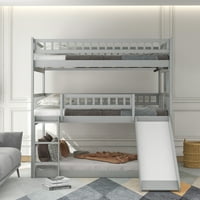 Twin puni trostruki krevet, trostruki drveni krevet na kat sa ugrađenim ljestvicama, zaštitnim štitnicima