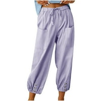 Jesenski čišćenje modne žene ljetne gumne casual hlače labave pamučne i posteljine džepove čvrste pantalone