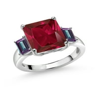 Gem Stone King Crveno Napravljeno Ruby Purplish Created Alexandrit 7. CT Sterling Srebrni prsten