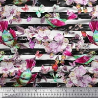 SIMOI PINK CREPE svilena tkanina pruga, ptica i ružičasta cvjetna dekorska tkanina tiskana je bty