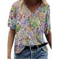 Asdoklhq Womens Plus veličine Ženska modna Ležerna printala V-izrez Majica s kratkim rukavima TOP bluza