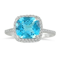 Ženski karatni jastuk reže plavi topaz i dijamantski halo prsten u bijelom zlatu od 10k