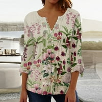 HHEI_K gumb dolje majice za žene cvjetni print tunika Ljetni vrhovi Dressy Casual Bell rukava V izrez