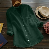 Ženski vrhovi pamučna posteljina casual čvrsta bluza dugih rukava bluza niz zelena 2xl