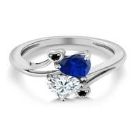 Gem Stone King Sterling Silver Crni dijamantni prsten sa srčanim oblikom plave je stvorio safir i u