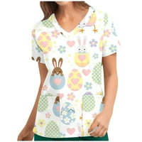 Stilja za uskršnja medicinska sestra za žene zečevi Ispisuju slatki zeko uzorak kratkih rukava Radne uniforme vrhovi s džepovima
