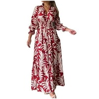 Lovskoo ženske haljine Ljetni modni casual tisak V-izrez visoki struk dugačak haljina s-2xl crvena