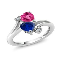 Gem Stone King Sterling Srebrna ružičasta stvorena safir plava stvorena safir dvostruki srčani prsten