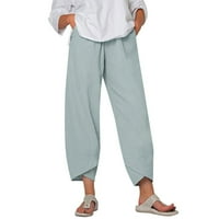 Royallove Papici za žene Ležerne prilike, pune boje elastične visokog struka pamučne i posteljine labave pantalone džep za crtanje labave obrezive hlače