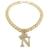 Ijewelry Kings i Queens krunirano Početno slovo n Kristali Privjesak Zlatni kubanska ogrlica sa lancem