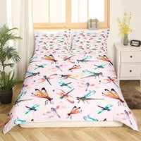 Dragonfly Duvet Cover za dječje dječake, ružičasti Grunge stil leteći zmaj posteljina Potpuna, akvarel