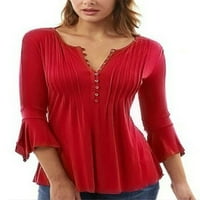 Dame Solid Boja Tee Casual Loungewear Majica V izrez Osnovni radovi Pulover vrhove crvene s