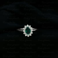 Princeza Diana Inspirirani prsten - laboratorija stvorio smaragdni prsten s dijamantskim halo, 14k bijelo