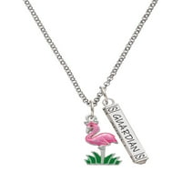 Delight nakit Silvertone Hot Pink Enamel Flamingo sa travom silvertone Guardian Angel bar šarm ogrlica,