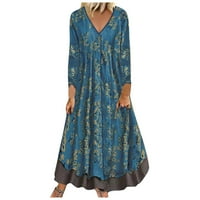 Amousa ženski srednji rukav vintage otisnuta s V-izrezom pamučna konoplja lažna dve haljine