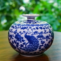 Prekrasan plavi i bijeli porculan ukrasni paunski spremnik ili tegla. Globe Peacock uzorak