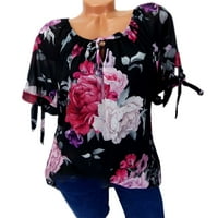 Ženski vrhovi kratkih rukava cvjetna bluza Ležerne prilike, Henley ljeto crna 2xl
