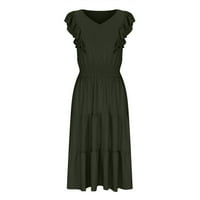 Usmixi Maxi haljine za žene bez rukava V-izrez Čvrsta ljeta duga haljina ruffle rukava elastična struka
