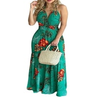 Dame Sundress cvjetni print Maxi haljine V izrez duge haljine žene a-line za odmor zeleno l