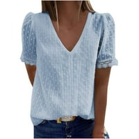 Popust za žene modna jacquard majica casual v-izrez čvrsta boja bluza od čipke Spliciranje kratkih rukava