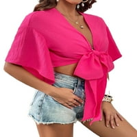 Ženska casual ravnica V izrez Top TOP-duljine vruće ružičaste bluze XL
