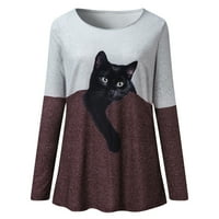 Casual Contrast Color Cat Print majica s dugim rukavima za žene Dressy Casual Fall Top košulja pulover
