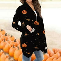 Yubatuo ženska modna ležerna Halloween Print Srednje dužine Kardanske kapute za kaput za žene crna 2xl