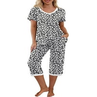 Slušajte Ženska pidžama Postavite majicu kratkih rukava V izrez i kapri hlače Čvrsti cvjetni leopard