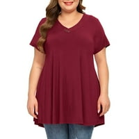 Ženske bluze velike veličine Žene V-izrez Dugme s kratkim rukavima, labav pulover Majica, vino xxl