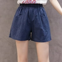 Yinguo ženske elastične kratke vučne kratke hlače za velike struke Ležerne prilike ljetne posteljine s džepom Navy S