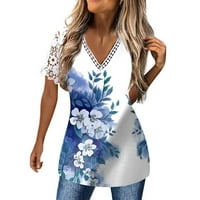 Bazyrey Womens V-izrez na vrhu Ženska kratka rukava cvjetna bluza Summer Casual Tunic Majice Plavi s