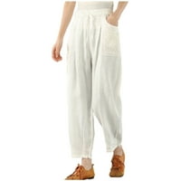 Majčin dan poklon odjeću, Poropl Solid Elastic Embroided pamuk Capris bijele posteljine hlače za čišćenje